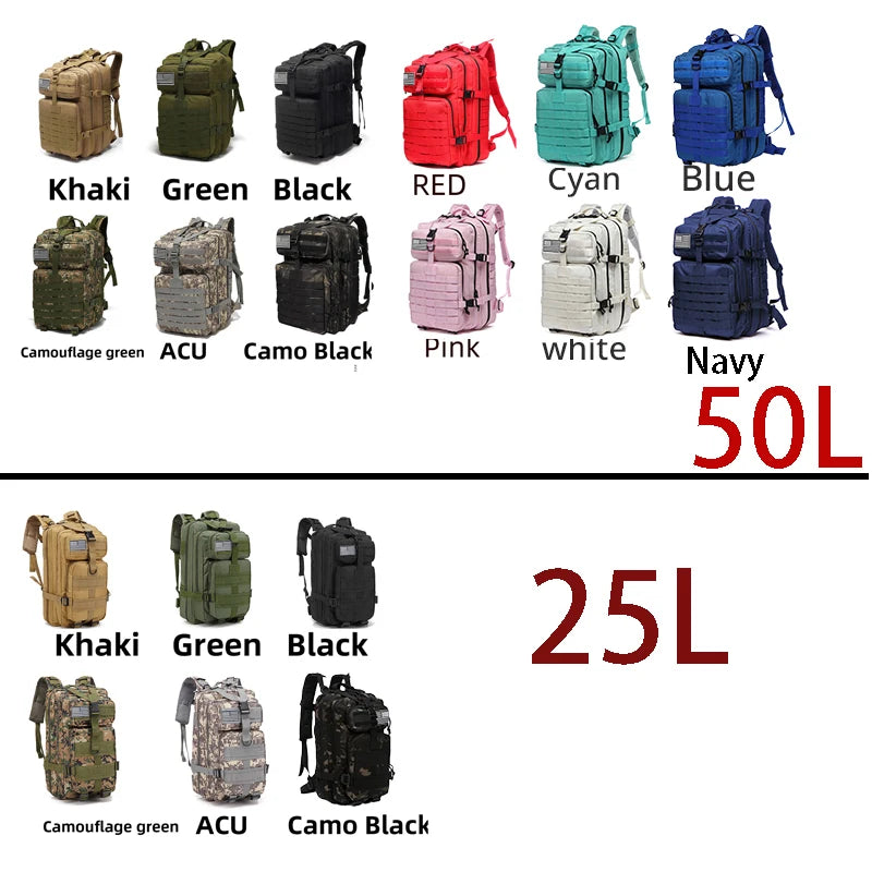 Mochila táctica de nailon resistente, impermeable, de 25 l/50 l, para deportes de trekking, pesca, caza, acampada y senderismo, ideal para exteriores.