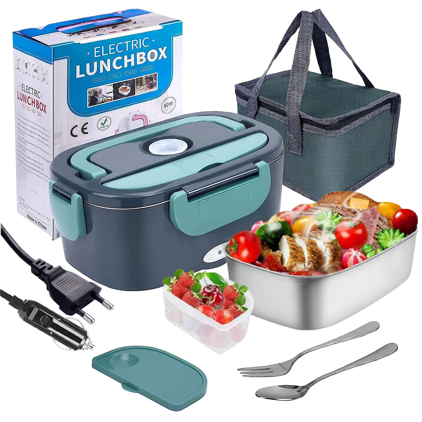 Fiambrera eléctrica de 1,5 L y 40 W, calentador de alimentos portátil para coche y hogar, ideal para el almuerzo.