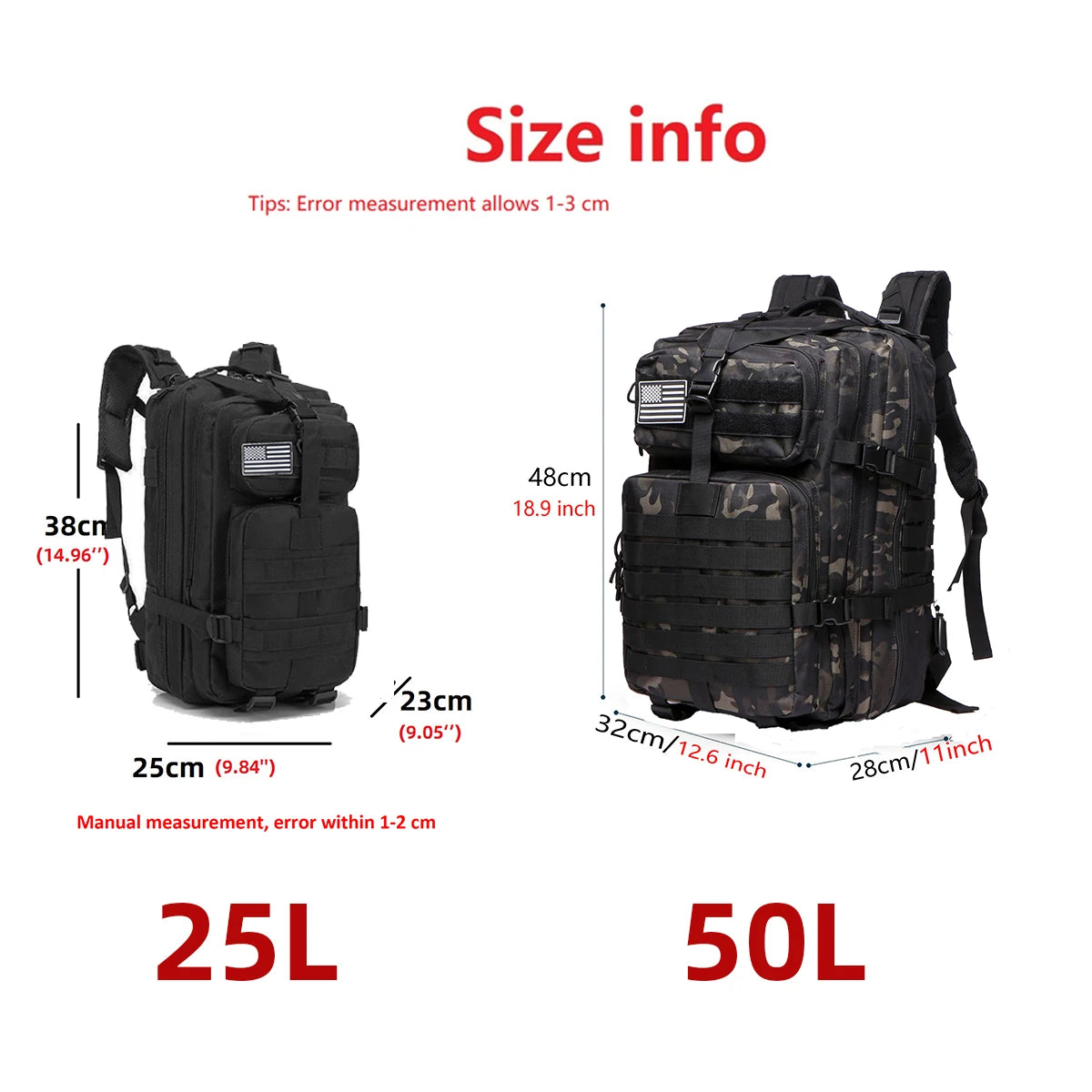 Mochila táctica de nailon resistente, impermeable, de 25 l/50 l, para deportes de trekking, pesca, caza, acampada y senderismo, ideal para exteriores.