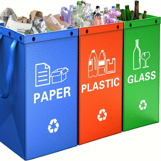 Bolsa de basura plegable 3 en 1 con diseño de reciclaje colorido: polipropileno duradero, fácil de limpiar, gran capacidad para la clasificación de residuos en el hogar y hoteles, contenedor portátil para basura y contenedores de reciclaje.