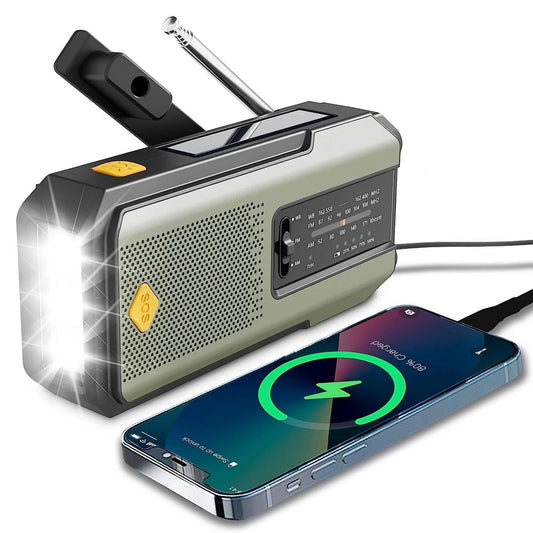 Radio meteorológica de emergencia multifuncional, radio FM, AM, WB, manivela, carga solar por USB, batería externa de 2000 mAh, linterna LED
