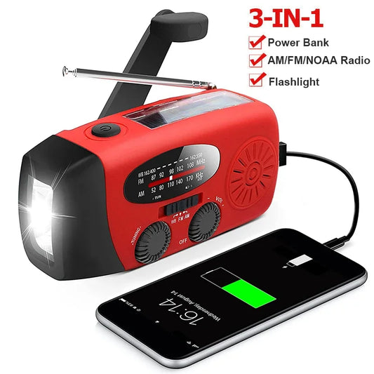 Radio meteorológica portátil multifuncional AM/FM/NOAA, radio de emergencia con manivela, banco de energía, carga solar y linterna LED.