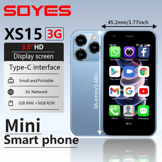 SOYES XS15 Azul 3G Mini Smartphone Pantalla HD de 3.0" 2G RAM 16G ROM Dual SIM Standby Play Store Múltiples colores disponibles Más aplicaciones